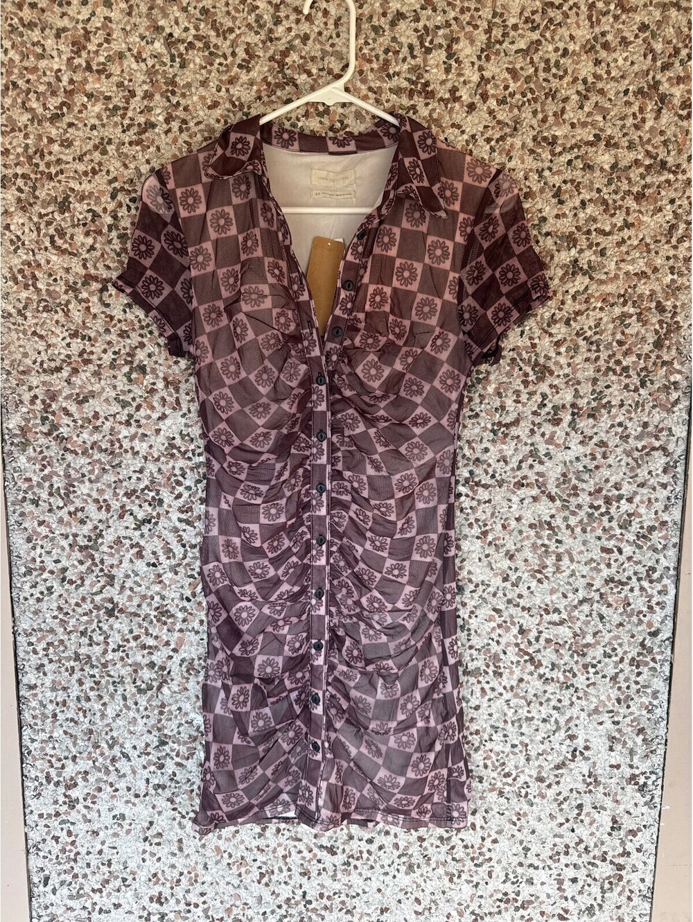 Urban Outfitters Mesh Mini Shirt Dress S Pink Brown Checkered Daisy Ruched NWT